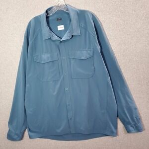 REI Men Button Up Shirt XL Blue Polyester Spandex Cargo Pockets Hiking Collar
